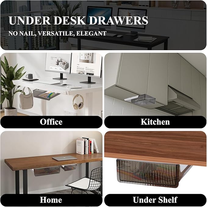 Boxalls Under Desk Storage Drawer, Under Table Slide Out Self-Adhesive Organization, Translucent Black Medium