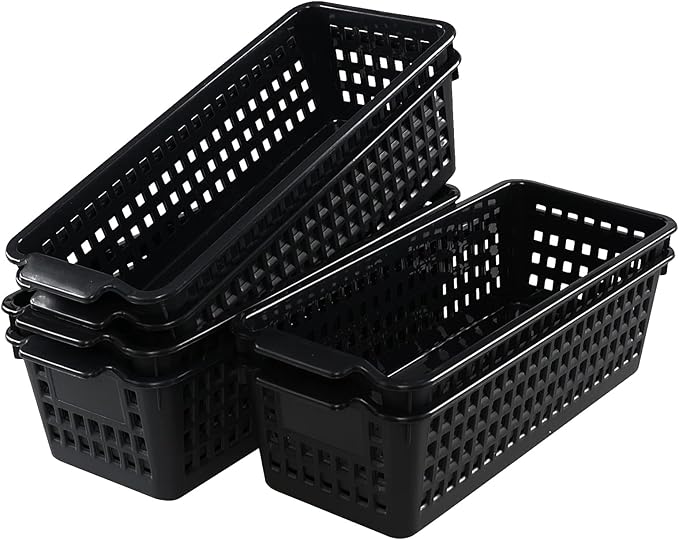 6-Pack Slim Plastic Storage Trays Baskets, Black Small Storage Basket Tray