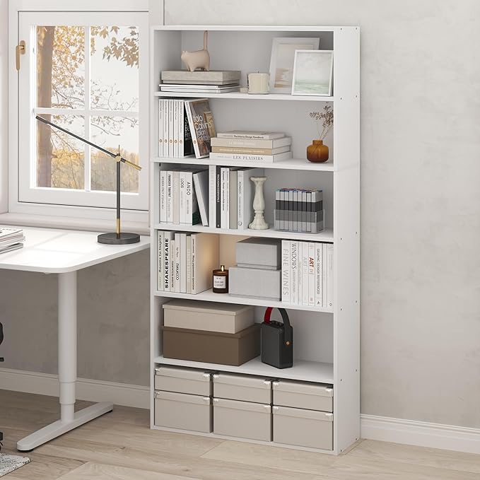 Furinno PASIR Book Shelf, 6-Tier Bookshelf with Open Storage Shelf, Standing Bookcase, 9.4 x 31.5 x 63, Easy Assembly, for Home Office, Bedroom, Living Room, White