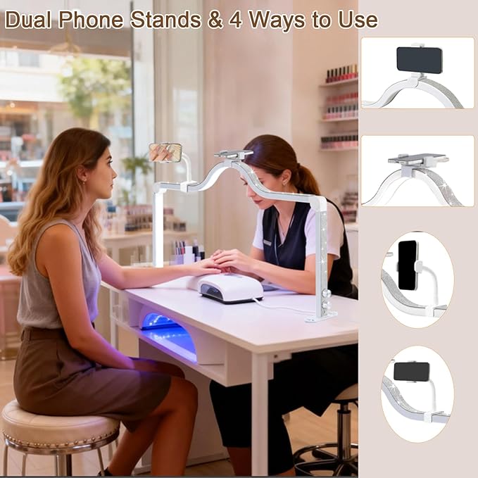 Upgraded Nail Tech Lamp with Dual Phone Holder, 34 in Foldable Large Nail Light for Desk, 3 Modes 3000K-6000K LED Manicure Lamp, Half Moon Light for Lash Eyelash Extension, Tattoo, Eyebrows