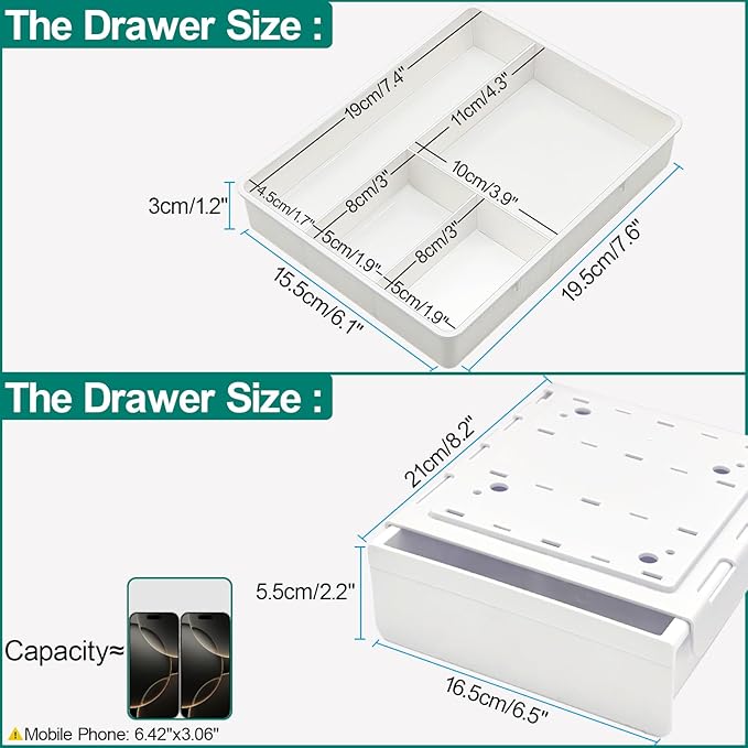SVNNELP Under Desk Table Drawer Storage Organizer, Slide Out Drawer with 4 Compartments Divider,Pencil Storage Self-Adhesive Tray Under Table (M/White+White)