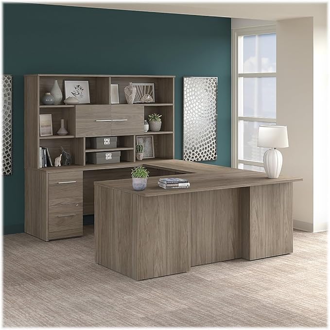 Bush Business Furniture Office 500 U Shaped Executive Desk with Drawers and Hutch, 72W, Modern Hickory