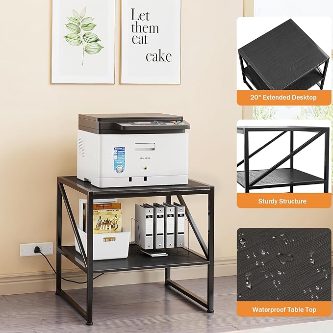 2-Tier Large Priner Stand with Charging Station, 20"×20" Under Desk Printer Table with Power Outlets and USB Ports for Home Office, Heavy Duty Storage Rack for Scanner Fax Machine Heat Press, Black
