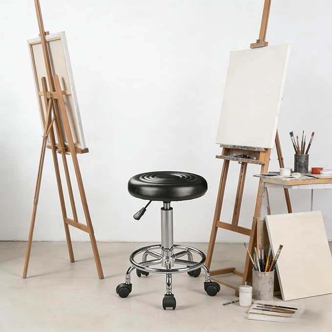 VECELO Hydraulic Salon Stool with Wheels, Height Adjustable PU Leather Swivel Seat, 300 lb Capacity (Black)