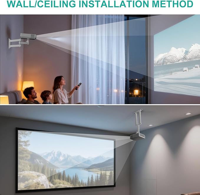 WALI Mini Foldable Projector Wall Mount with 360° Rotating Gimbal, Fully Adjustable Wall/Ceiling Mount Bracket for 1/4" M4 M6 Screw Projectors, Small Projector Holder up to 4.4lbs (1330LM-PMW), White
