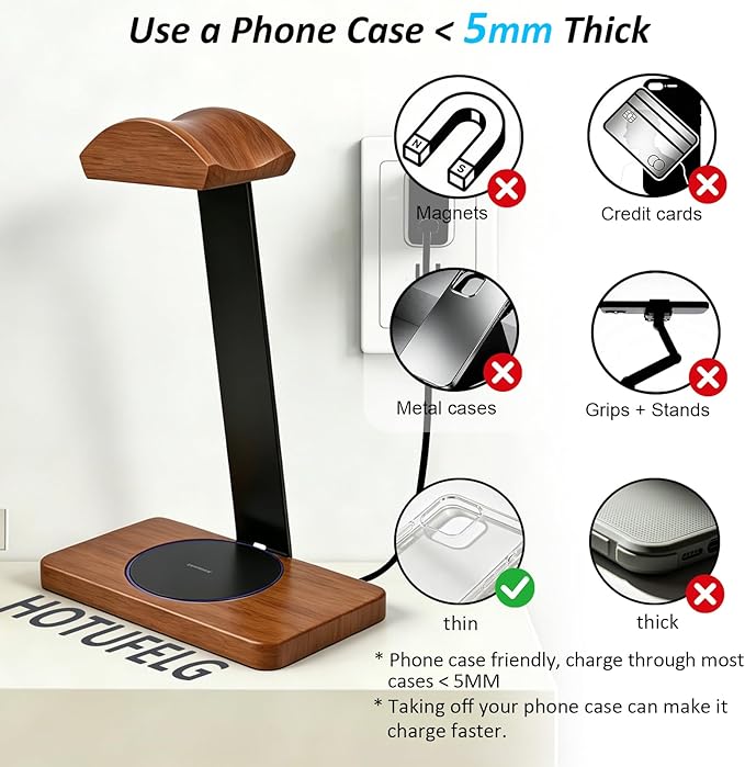 Solid Wooden Headphone Holder, Universal Headset Stand with Wireless Charger for Desk, Wireless Charger Headphone Holder for Gaming Desk Compatible with iPhone Samsung (Black)