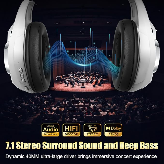 2.4GHz Wireless Gaming Headsets for PS5/PS4/PC/Switch/Xbox, RGB Noise Cancelling Over-Ear Headphones with 7.1 Surround Sound, 40mm Drivers, 276g Ultraligero, Memory Foam, 45H Gaming Headphones White