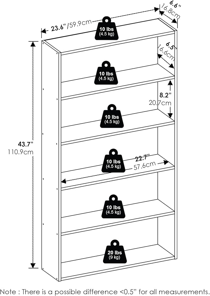 Furinno Basic Book Shelf, 5-Tier Bookshelf, Storage Organizer Bookcase with Open Shelf, 7 x 24 x 44, for Living Room, Bedroom, Home Office, Amber Pine