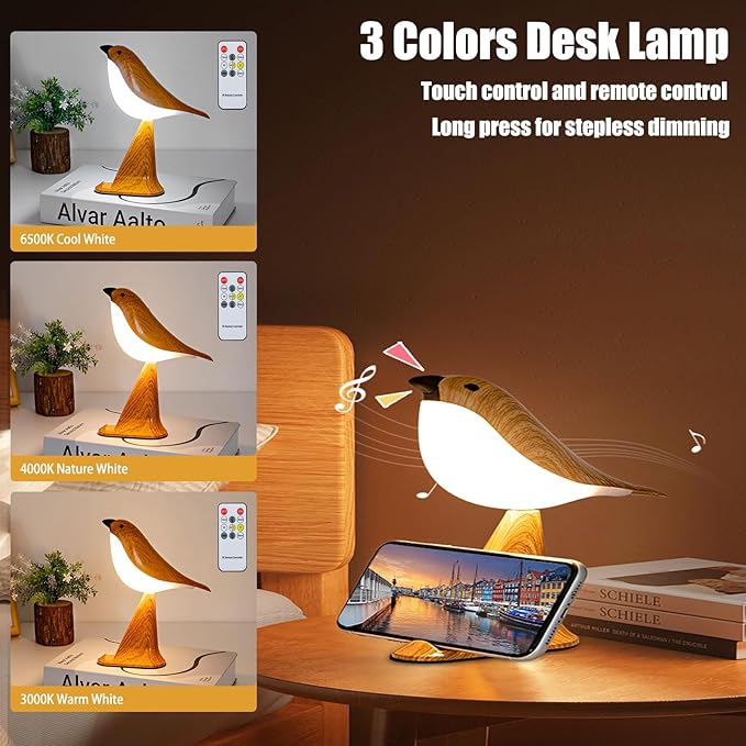 Small Bird Desk Lamp, Rechargeable Cordless Table Lamp with 3 Color Temperatures, Remote Control & Touch Sensor, Multi-Function Battery Operated Bird Night Light for Bedroom, Kids, 1 Pack
