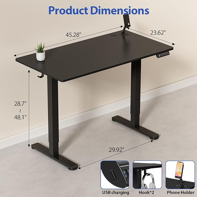 YESHOMY Height Adjustable Electric Standing Desk, 46 x 24 Inches Memory Home Office Sit Stand up Desk with Phone Holder and USB Charging Port, Black