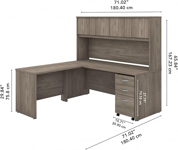 Bush Business Furniture Studio C L Shaped Desk with Hutch, Mobile File Cabinet and Return, 72W x 30D, Modern Hickory