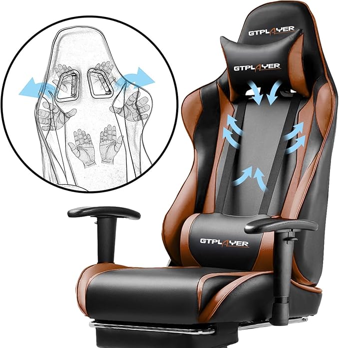 GTPLAYER Gaming Chair with Footrest, Ergonomic Computer Game Desk Chair, Reclining Gaming Chair Seat Height Adjustment, Swivel Rocker with Headrest and Lumbar (Brown)