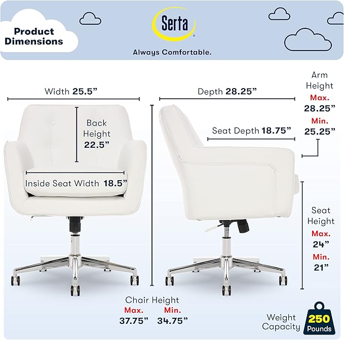 Serta Ashland Home Office Desk Chair with Button Tufted Mid-Back, Memory Foam Cushion, Modern Vanity Armchair