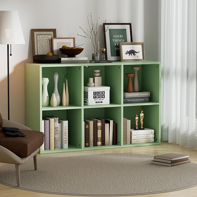 Wooden 6 Cube Storage Organizer with Closed Back Panel, Modern Open Cube Storage Shelf Bookshelf with Compartments, Cube Shelf Organizer for Living Room, Bedroom, Study Room (Green)