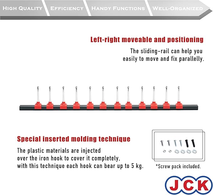 JCK Professional Quality Rack of Wrench Organizer Black Aluminum & Red Plastic Clips molding Integrated with Stainless Steel 304 Hooks Organize Wrenches Secure Clip Toolbox Combination Storage