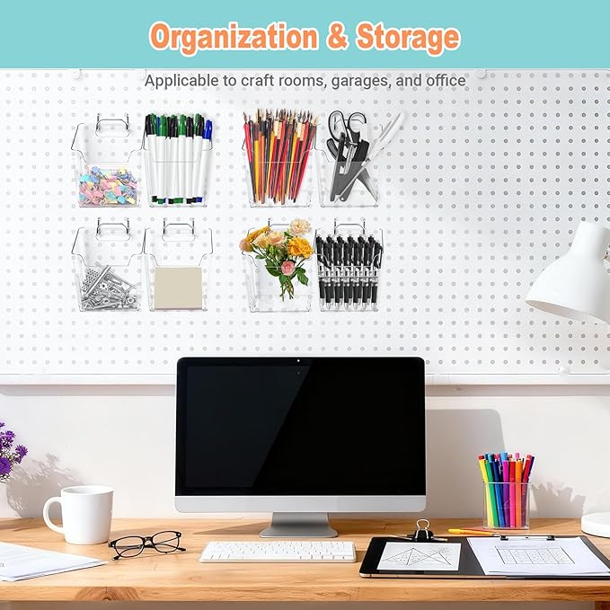 8 Pack Large Pegboard Bins with Hooks, Square Box Shape Peg Board Cups and Peg Board Accessories for Craft Room, Playroom, Office, Garage, and Wall Mount Organization (Transparent)