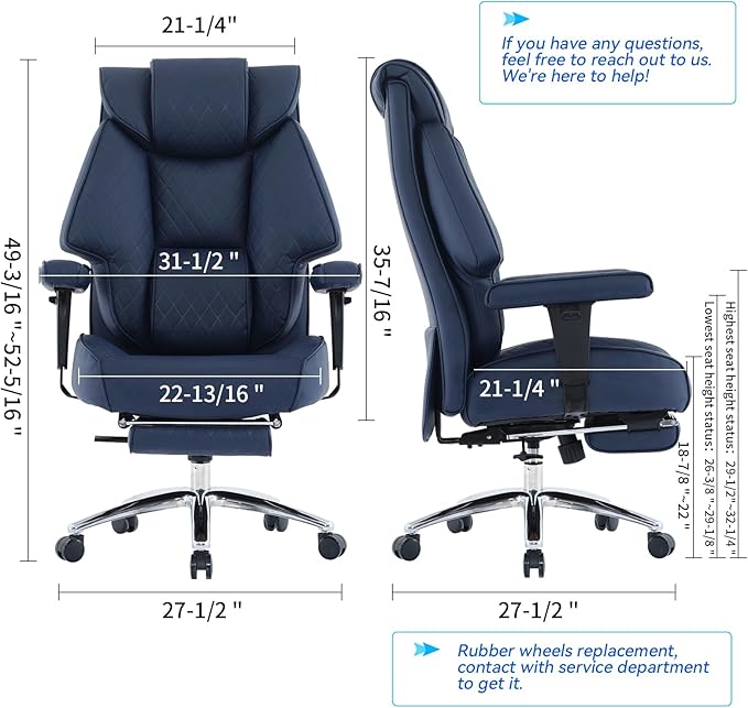 EXCEBET Big and Tall Office Chair with Footrest, PU Leather High Back Executive Office Chair 400lbs, Ergonomic Computer Chairs Lumbar Support for Heavy People (Blue)
