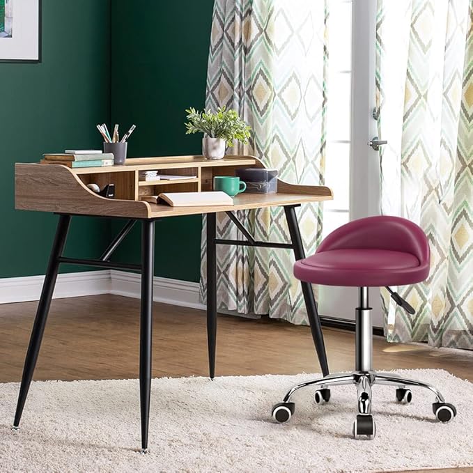KKTONER PU Leather Round Rolling Stool with Back Rest Height Adjustable Swivel Drafting Work SPA Medical Task Chair with Wheels (Rose red)