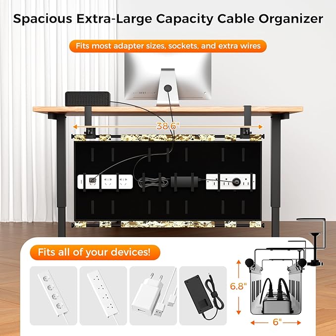 Under Desk Cable Management,No-Drill Standing Desk Cable Organizer with 2 Mounting Options - Clamp Or Screw Mounting,Upgraded Wider & Thickened Cord Holder for Home Office,38.6" L x 6" W