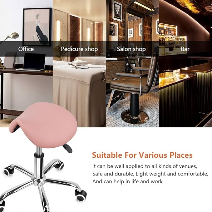 KKTONER Rolling Saddle Stool PU Leather Swivel Adjustable Rolling Stool with Wheels Salon Chair (Pink)