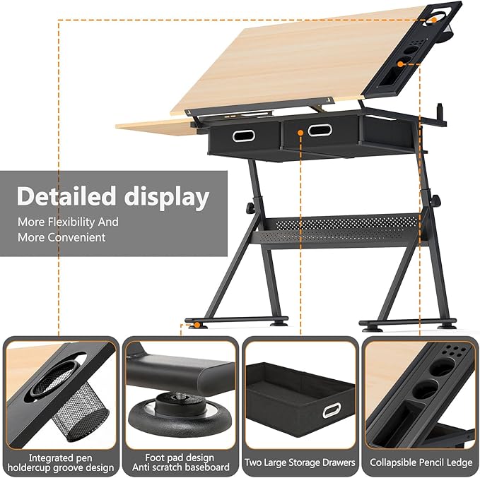 OS MOTOR Adjustable Height Drafting Table with Wood Top, Art Craft Desk with Slide-Out Drawers, Storage, for Drawing, Writing, Painting, and Creative Tasks, Ideal for Home Office, Natural