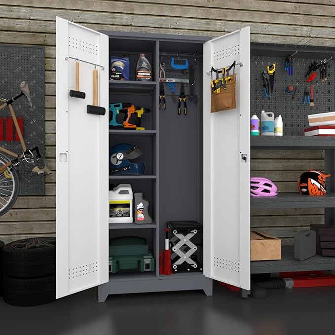 IRONFFICE Metal Garage Storage Cabinet with 2 Doors,72" H Steel Locking Storage Cabinet with Adjustable Shelves,Lockable Tool Cabinets for Office,Home,Garage,Gym,Grey-White