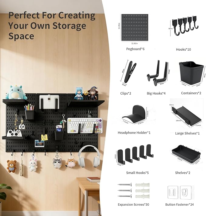 LBW Pegboard Wall Organizer, 6-Pack 11.8" × 11.8" Black ABS Peg Board Panels with 27 Accessories, Modular Plastic Pegboard Combination Kit for Home, Office, Garage, Tool Storage & Craft Room