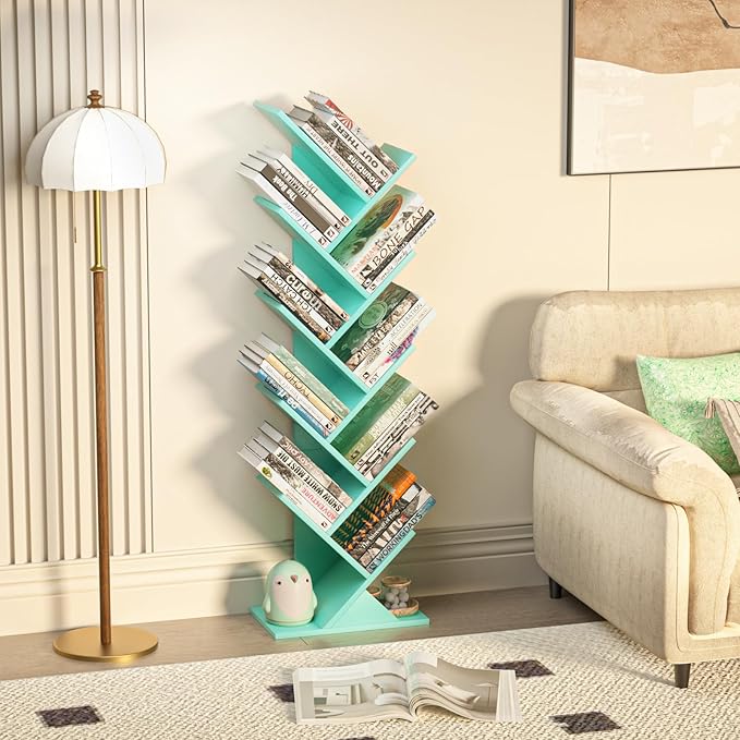 SHEEPAM 10 Tier Tree Book Shelf, Floor Standing Wood Bookshelf for Narrow Space, Storage Organizer Bookshelves for Books/CDs/Magazine, Bookcase with Shelves for Home Office, Living Room - Green