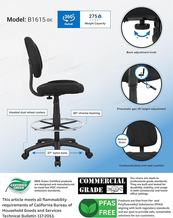BOWERY HILL Rolling Drafting Stool, Contoured Comfort Tweed Fabric Seat, Adjustable Height 26.5"-31.5", Chrome Footring & Black Nylon Base, Dual Wheel Casters, 250 lb Capacity, Ergonomic Office Chair