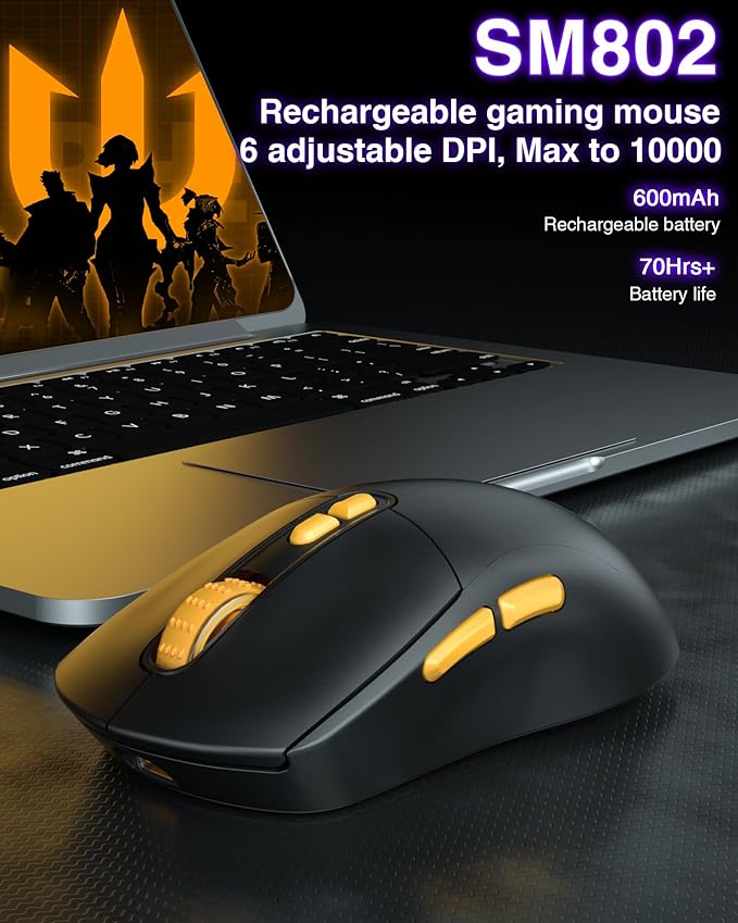 SOLAKAKA SM802 Wireless Gaming Mouse,10000 DPI,Tri-Mode Wired/BT 5.0/2.4GHz Wireless Mouse with Side Button, RGB Programmable Macro Mouse for Laptop (Black)