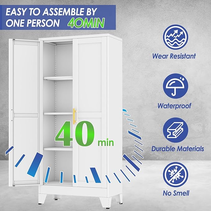 61" Metal Storage Cabinet with Adjustable Leveling Foot,Garage Storage Cabinets with 2 Doors and 3 Adjustable Shelves, Black Steel Cabinet for Office,Home,Garage