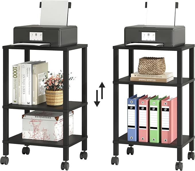 3-Tier Printer Stand with Storage, Mobile Printer Cart with Rolling Casters and Adjustable Feet, Under Desk Storage Shelf for Home Office, Black, 15.7" x 11.8" x 25.9"