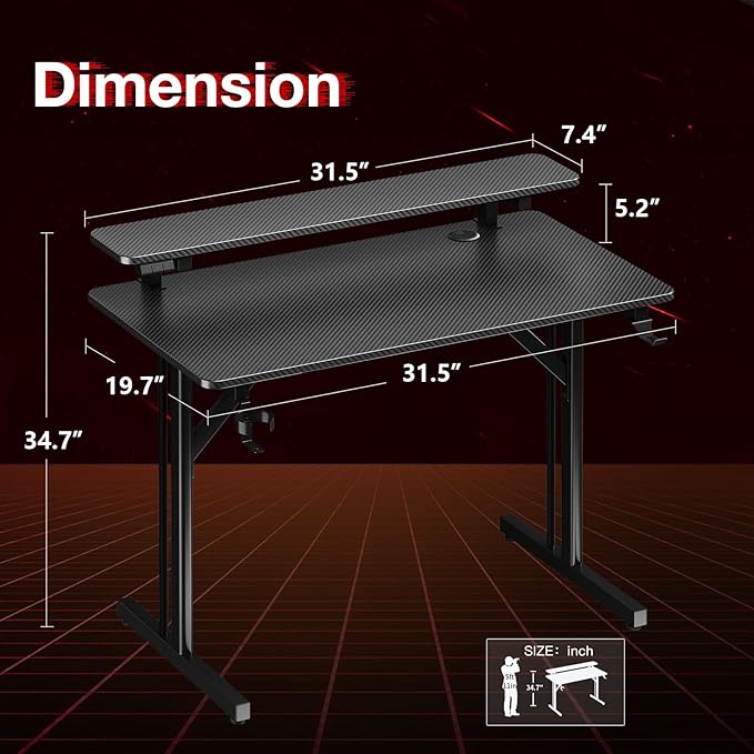 MOTPK 32 Inch Small Gaming Desk with LED Lights, Computer Desk Gaming Table with Monitor Shelf, Gamer Desk with Carbon Fiber Texture, Kids Boys Desk Gift for Men