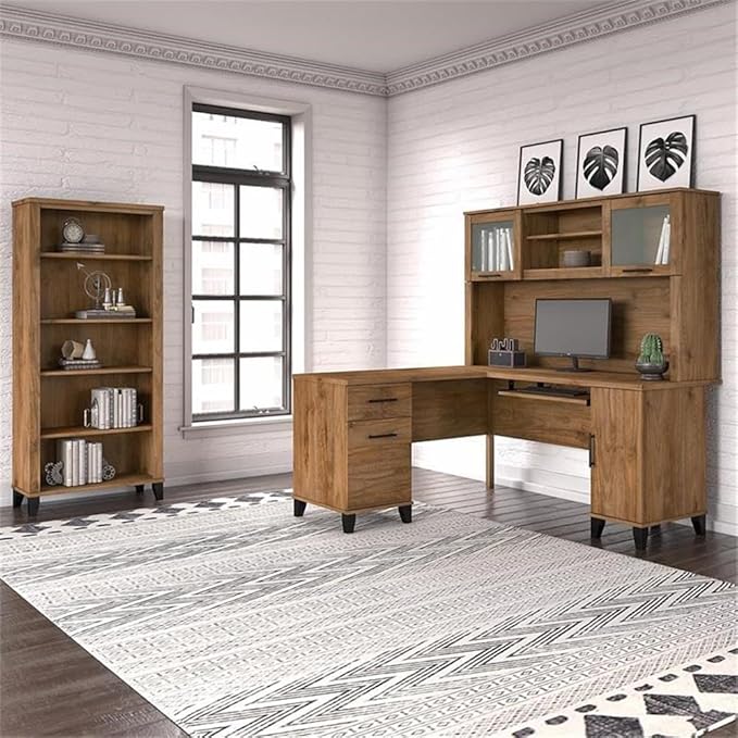 Pemberly Row 60W L Shaped Desk with Hutch and Bookcase, Engineered Wood, Fresh Walnut Finish, Wire Management, Frosted Glass Doors, Adjustable Shelves, Home Office Furniture Set