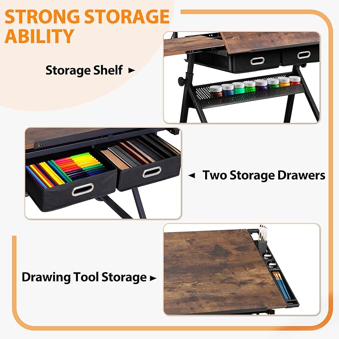 HomGarden Height Adjustable Drafting Desk Drawing Table Art Craft Work Station w/Stool, Power Outlet and Storage Drawers for Home Office Study Room, Rustic Brown