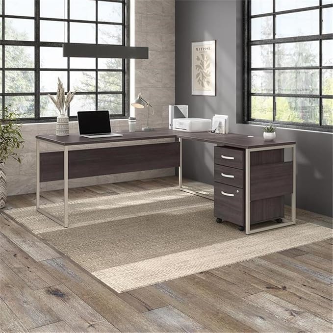 Bush Business Furniture Hybrid 72W x 30D L Shaped Table Desk with Mobile File Cabinet in Storm Gray