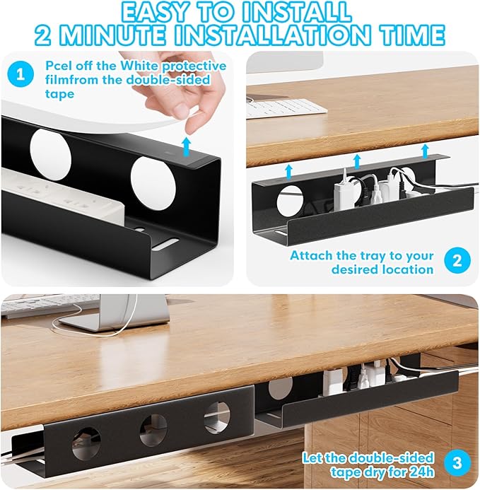 Self-Adhesive Under Desk Cable Management Tray 2 Pcs Steel Under Desk Wires Organizer Power Strip Management No Drill Under Table Organizer for Cable Storage Holder for Office Home Table