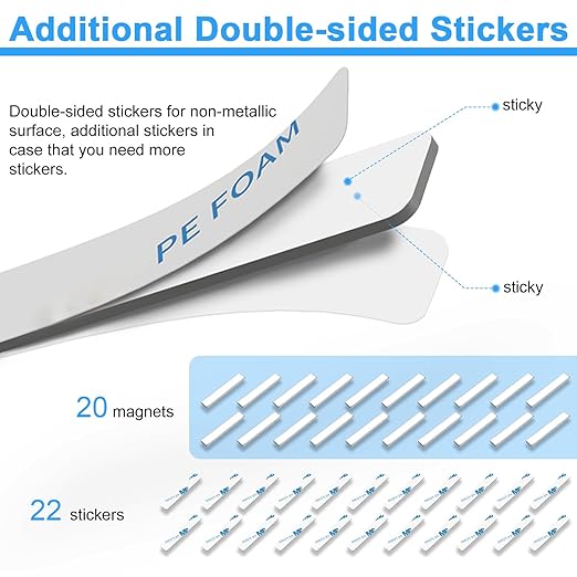 Neodymium Magnet, Caturledas 20 Pack Heavy Duty Strong Rare Earth Magnets with Double Sided Adhesive, Rectangular Bar Magnetic Strip for Home Cabinet Door Maintenance Tool DIY, 60x10x3 mm, Silver