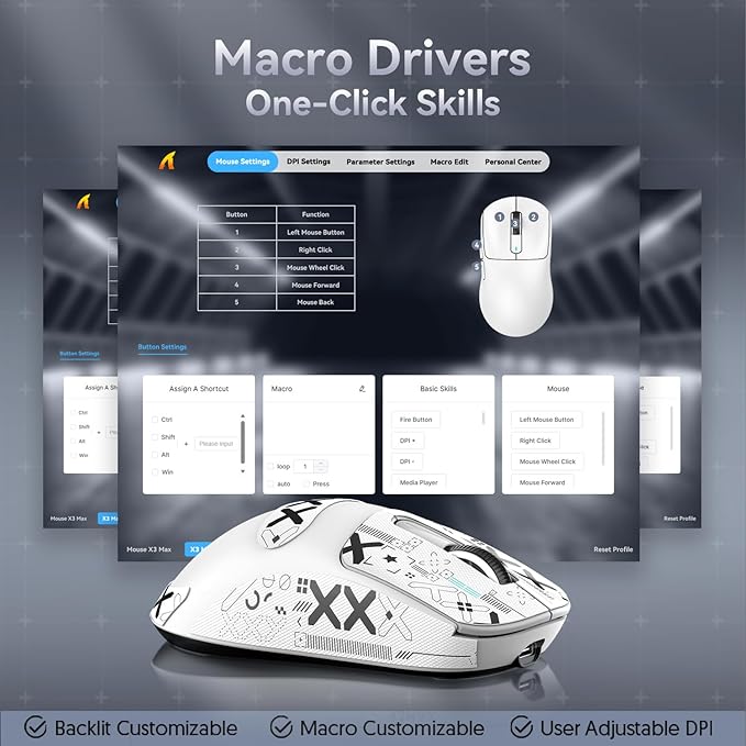 MAMBASNAKE Attack SHAKR X3MAX Wireless Gaming Mouse,PixArt PAW3950 42000 DPI,49g Ultralight Tri-Mode(BT5.4/2.4GHz/Wired), 1K Polling Rate Programmable Computer Mice for PC/MAC/Win - White&Tape