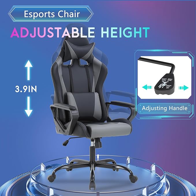 PayLessHere Ergonomic Racing Desk Chair Gaming Chair Computer Chair with Armrests 360° Swivel & Caster Pu Desk Task Chair Executive Headrest Lumbar Support for Back Pain Women Men and Adults (Grey)