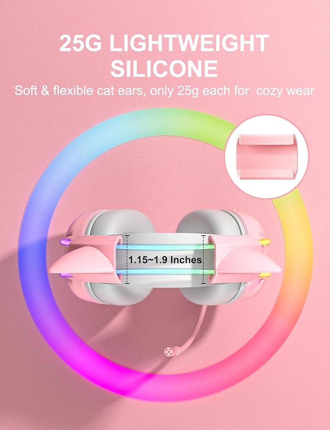 Pink Cat Ears for Headphone, Silicone Cute Kitty Ears Attachment, Lovely Detachable Accessories Fit for Gaming Headset, Lightweight & Durable