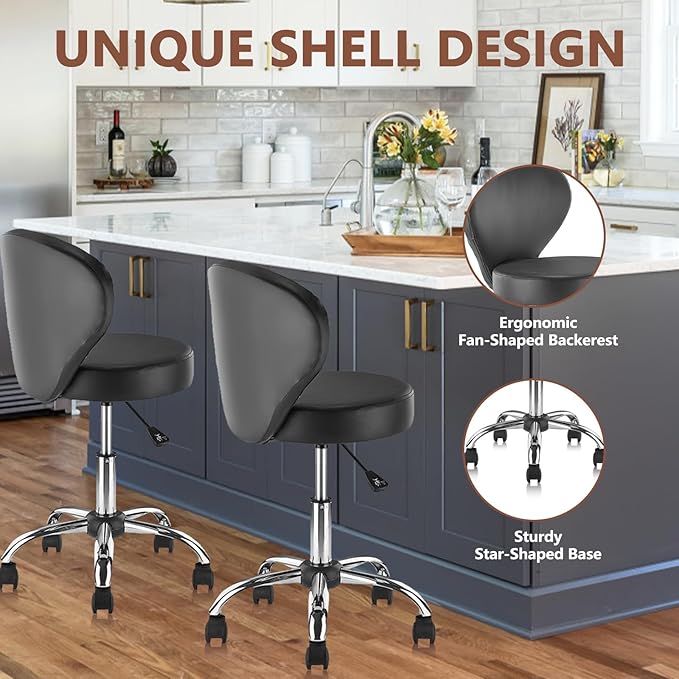 KLASIKA Pu Leather Round Rolling Swivel Salon Stool Chair, with Adjustable Height and Back Support for Office Massage Facial Spa Medical Drafting Tattoo Beauty Barber Black 4PK