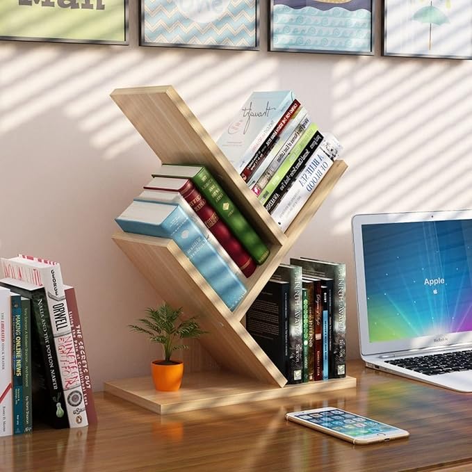 VOVCIG Tree Bookshelf 3 Shelf Desktop Organizer Y Shaped Office Storage Rack Adjustable Wood Display Shelf Small Bookshelf for Bedroom Home Office(Light Yellow)