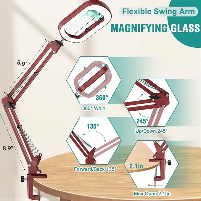 IVMAIE 10X Rectangle Magnifying Glass with Light, 5 Color Modes Stepless Dimmable Magnifier with Stand, LED Lighted Clamp Desk Lamp with Swing Arm, Hands Free for Reading Painting Close Work - Red