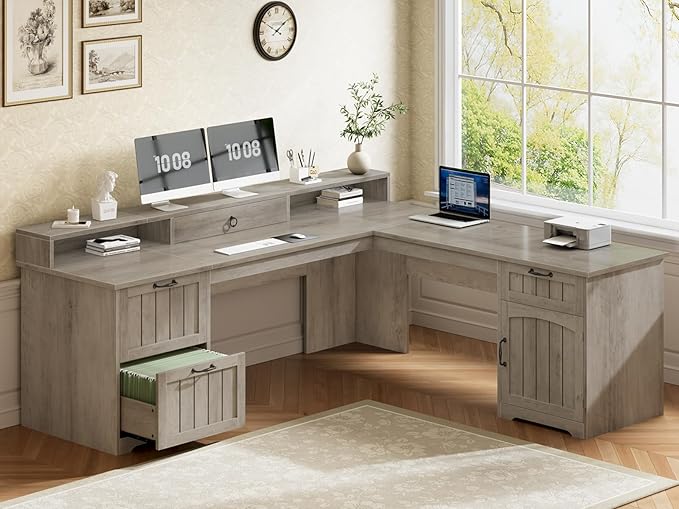 SEDETA 63" L Shaped Desk with Drawers, Farmhouse Corner Computer Desk, Wood Office Desk with File Drawers with Storage, Executive Desk with Monitor Stand and Storage Cabinet, Grey