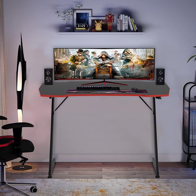 BestOffice Gmaing Desk Z Shaped 47 inch PC Computer Desk Computer Workstation Ergonomic Gaming Table with Headphone Hook for Game Players, Red