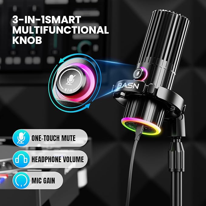 BASN USB/XLR Dynamic Microphone for Podcast, Live Streaming, Gaming Recording with RGB Mute Button, Headphone Monitoring and MIC Stand (SL2000) Black