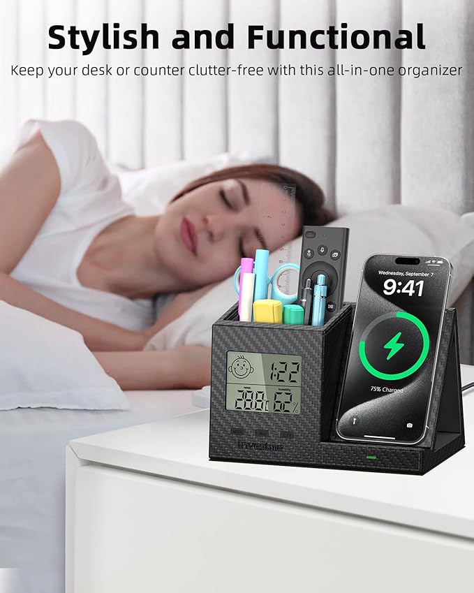 Pen Holder for Desk, Desk Organizer with Wireless Charger, Built in Digital Indoor Thermometer and Humidity Monitor, Multi-Functional Pencil Organizer for Home Office, Black Carbon Fiber