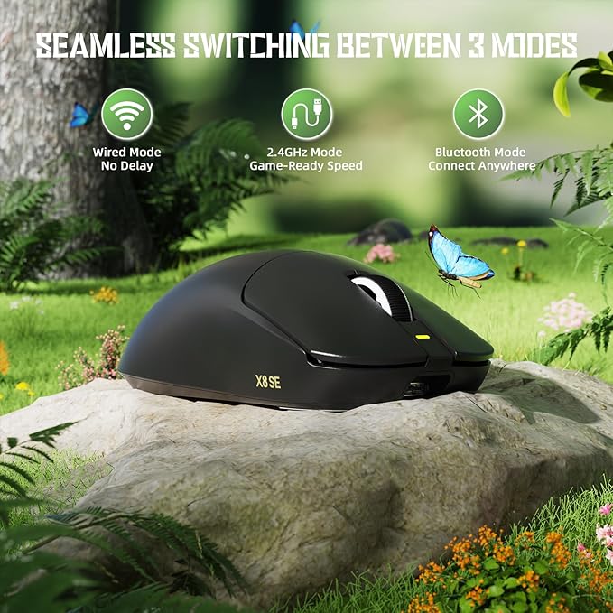 ATTACK SHARK X8 SE Wireless Gaming Mouse,55g Ultra-Lightweight Wired/BT/2.4GHz Wireless Programmable Mouse,1K Polling Rate,PixArt PAW3311 Gaming Sensor,25000 DPI,Gamer Mice for PC/Win/Mac (Black)