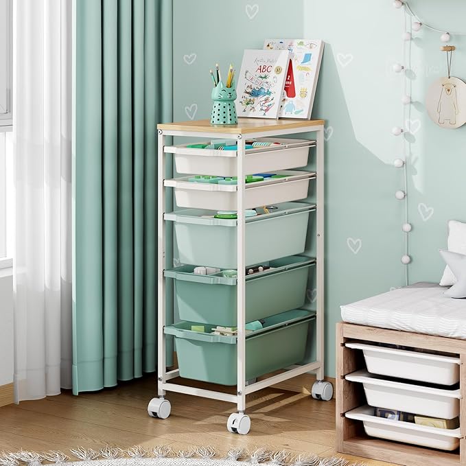 Rolling Storage Cart with 5 Drawers, Craft Organizer, Wooden Tabletop Utility Cart for Bedroom, Children's Room and Office Organization, Table Side Trolley with Lockable Wheels, Green